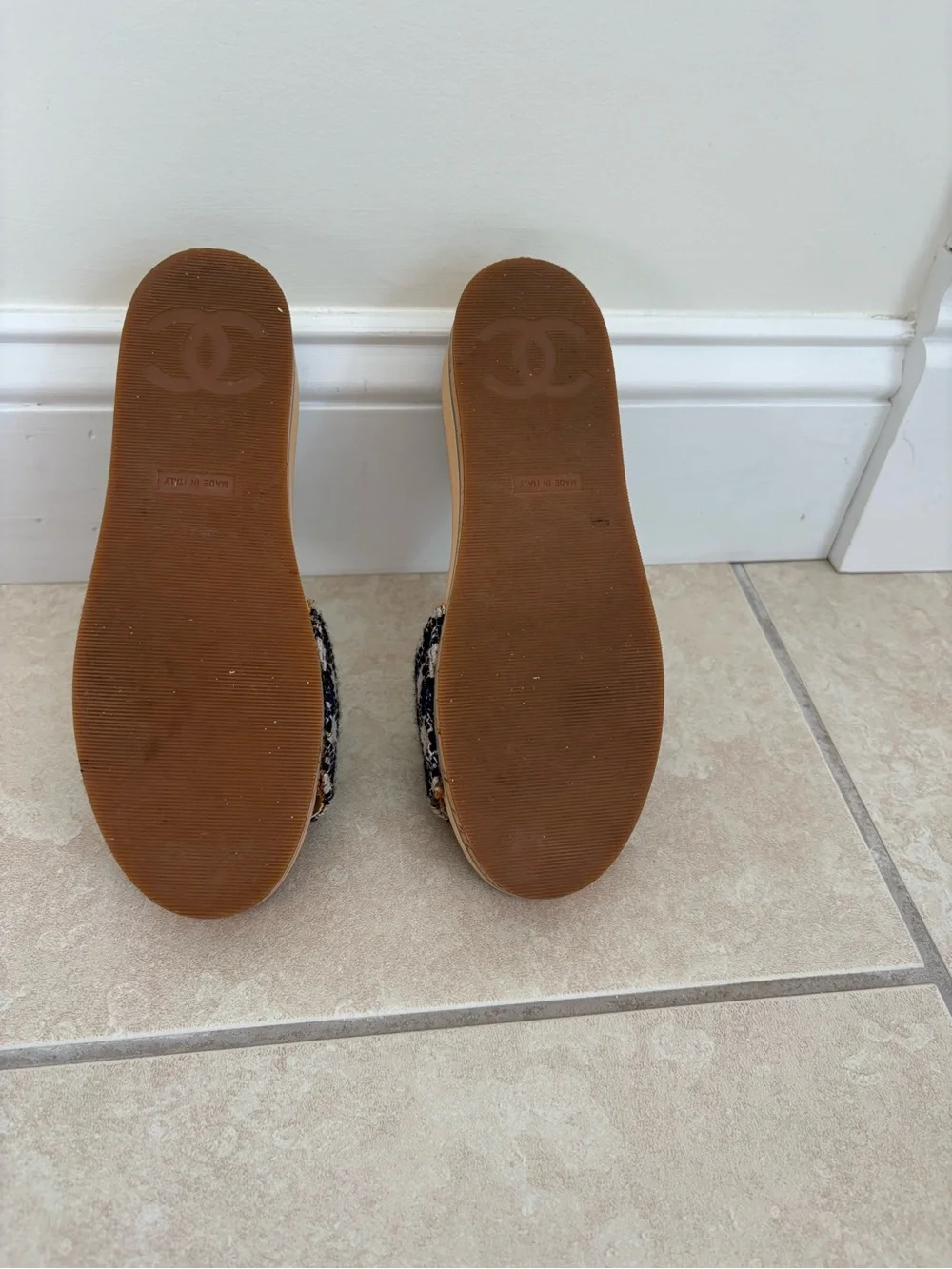 CHANEL Tweed CC Cork Slide Sandals - Light Blue & Black
